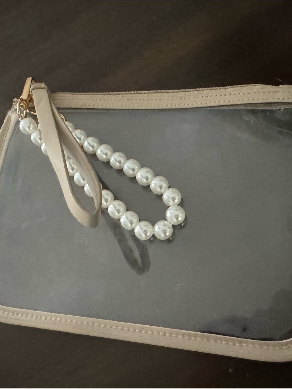 Darling Clear game day or concert  Wristlet Clutch with Pearl Strap - Beige Trim